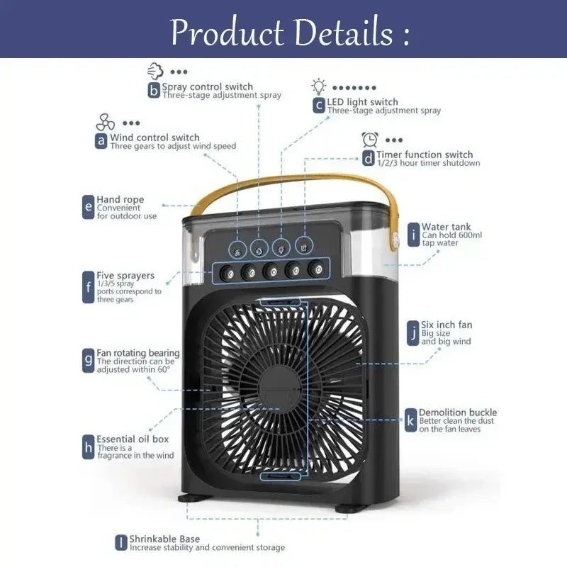 3-in-1 Portable Air Conditioner Fan with LED Light - USB Cooling Dubai UAE